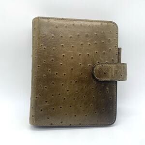 Franklin Covey Brown Green Ostrich Leather Planner Structured 3-Ring Binder Card